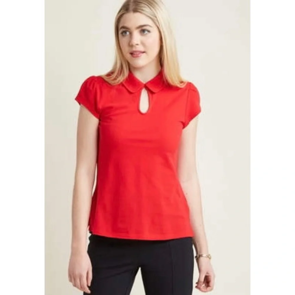 ModCloth | Red Collared Keyhole Short Sleeve Top - Picture 1 of 7